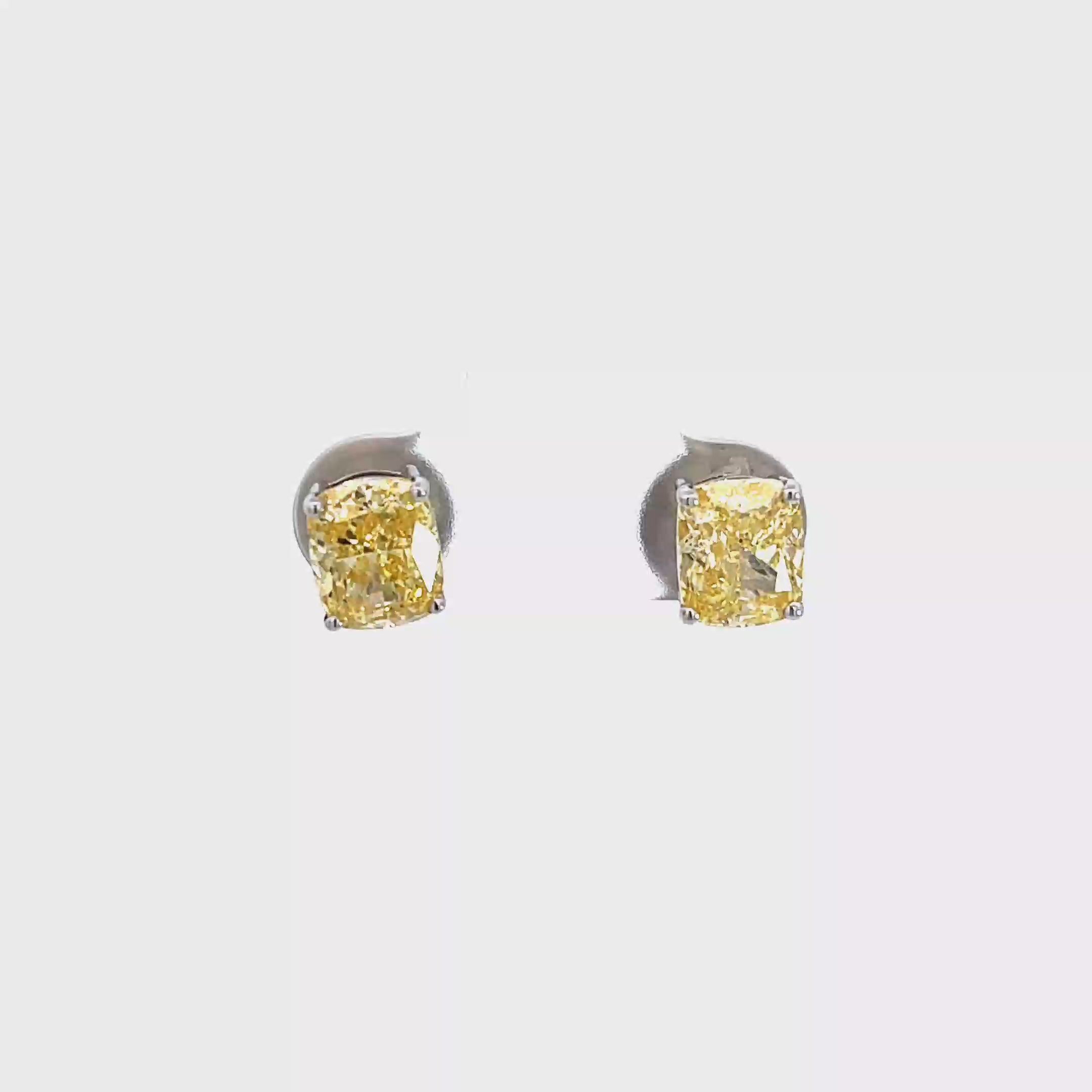 18K White Gold Fancy Yellow, Cushion Cut, Lab Grown Diamond, Stud Earrings White Halo
