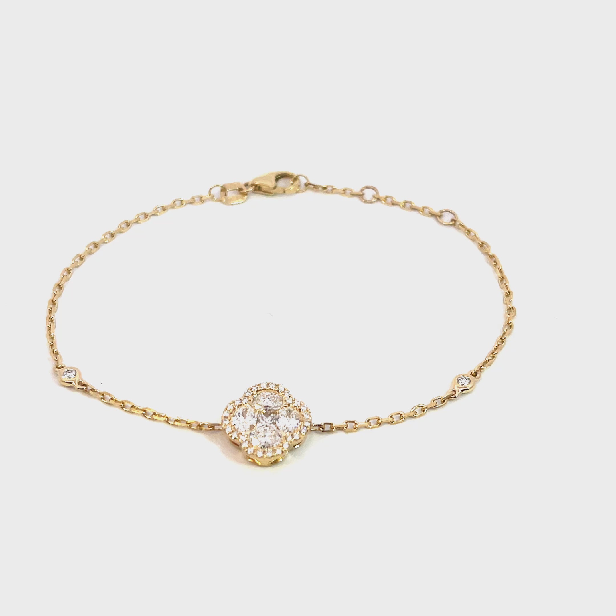 14K Yellow Gold Chain Bracelet with Diamond Halo Clover Cluster and Bezel Set Diamonds