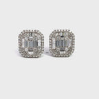 14K White Gold Cushion Shaped Diamond Emerald Illusion Stud Earrings