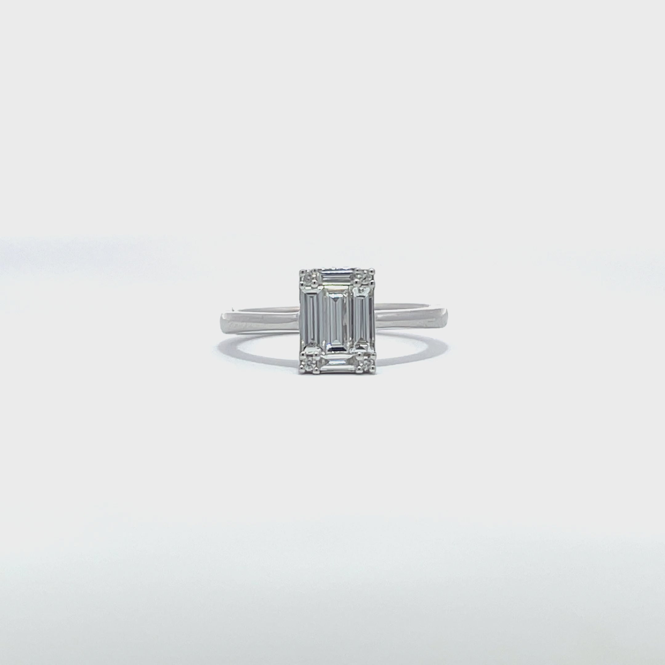 14K White Gold Emerald Cut Illusion Ring with Baguette Cut and Round Brilliant Diamonds