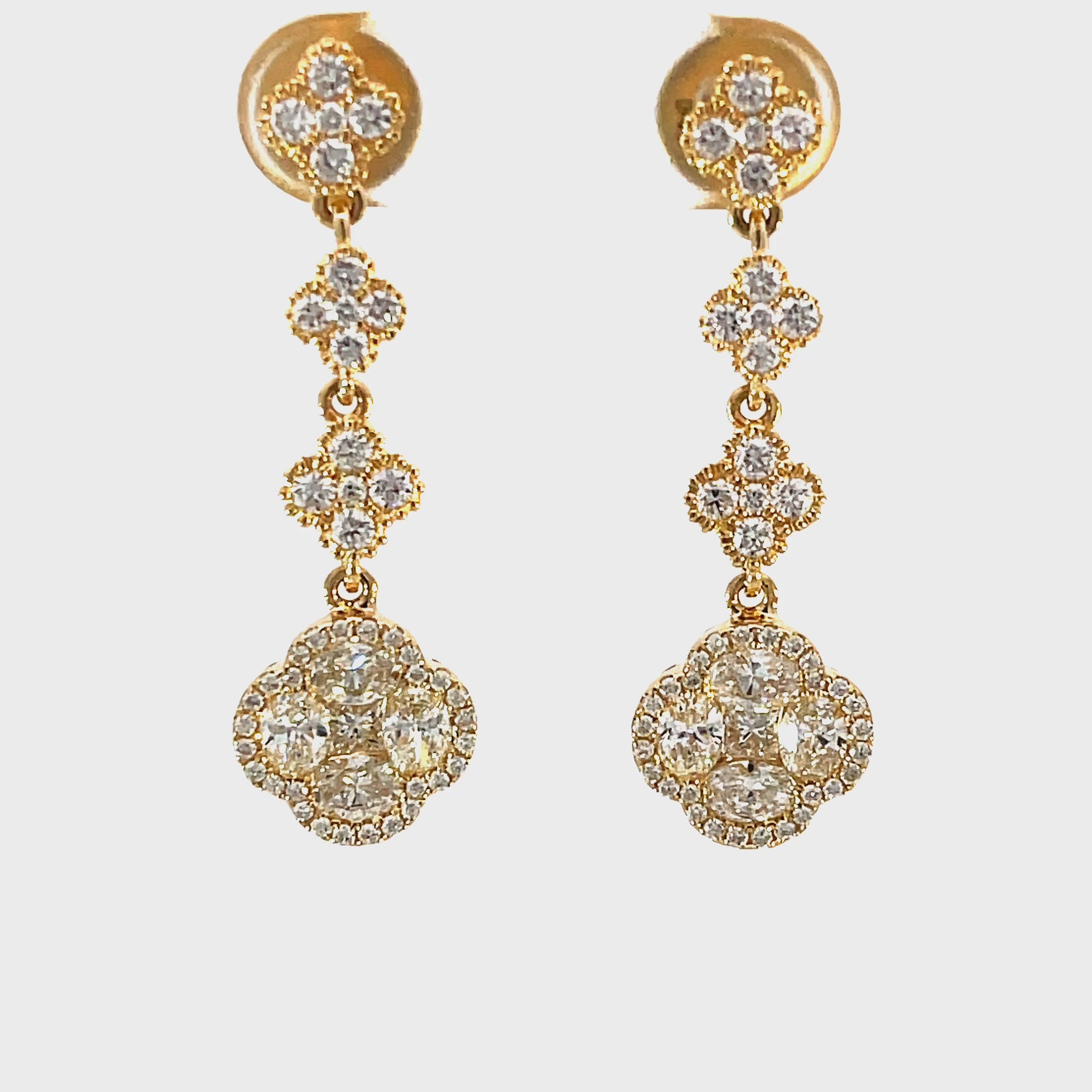 14K Yellow Gold Tiered Diamond Clover Drop Earrings