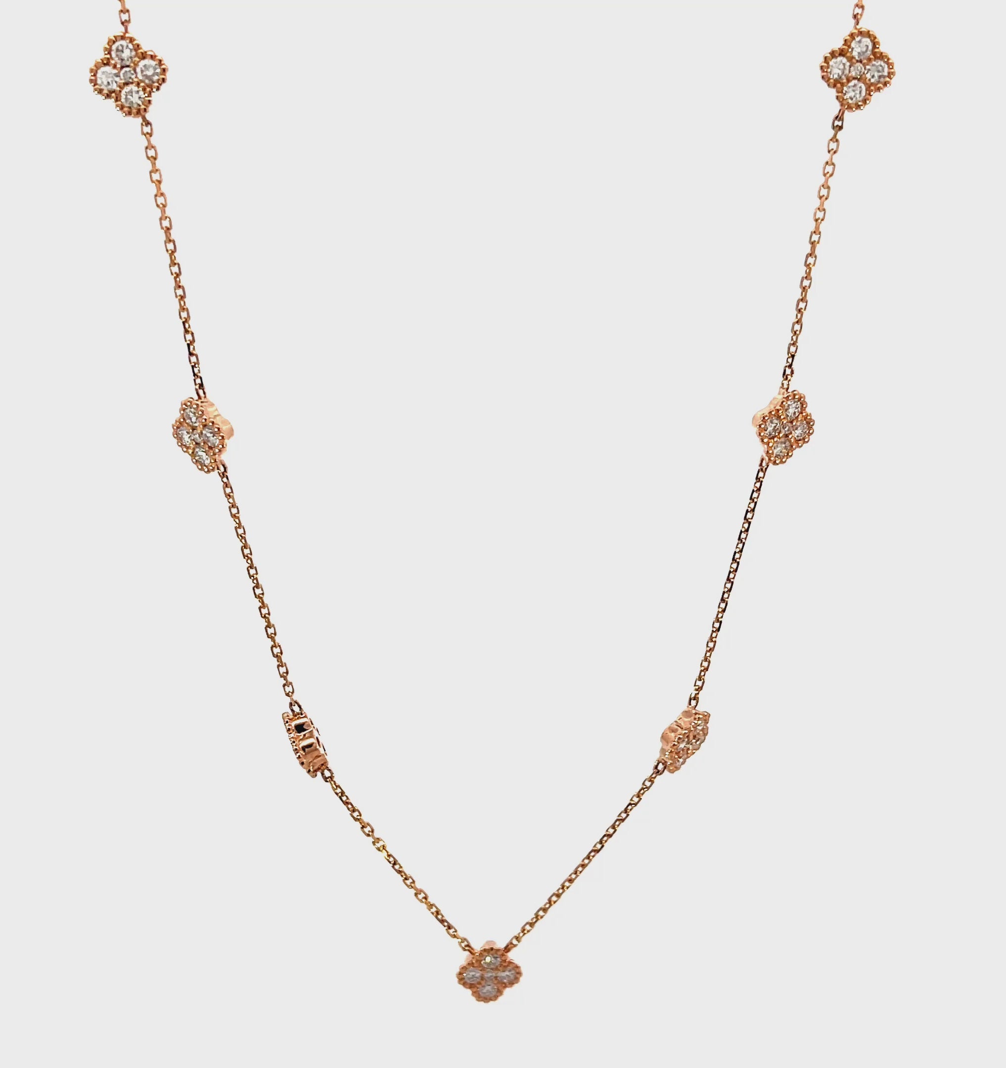 14K Rose Gold Chain Necklace with 7 Diamond Clover Clusters