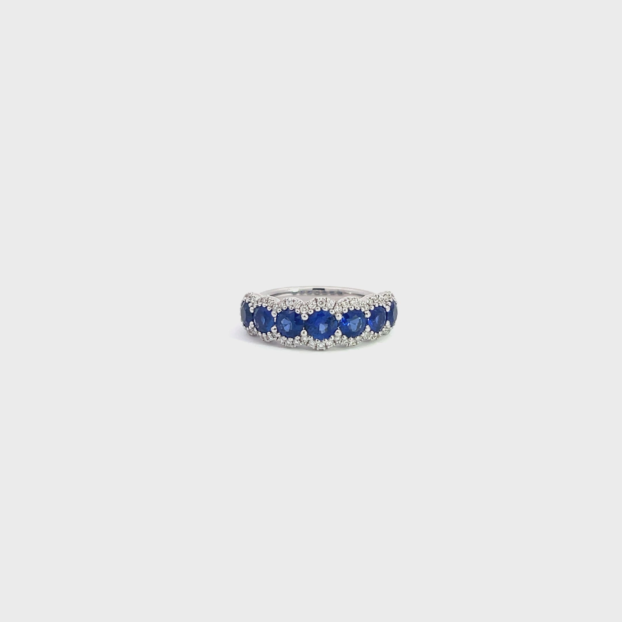 18K White Gold Ring with 7 Sapphires and Diamond Pave Scalloped Edging