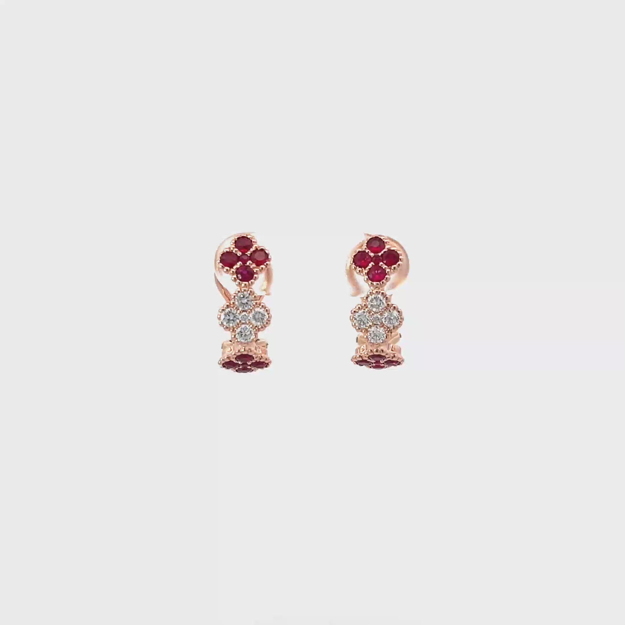 14k Clover Style Rose Gold Latch Back Earrings with 20 Rubies and 10 Diamonds