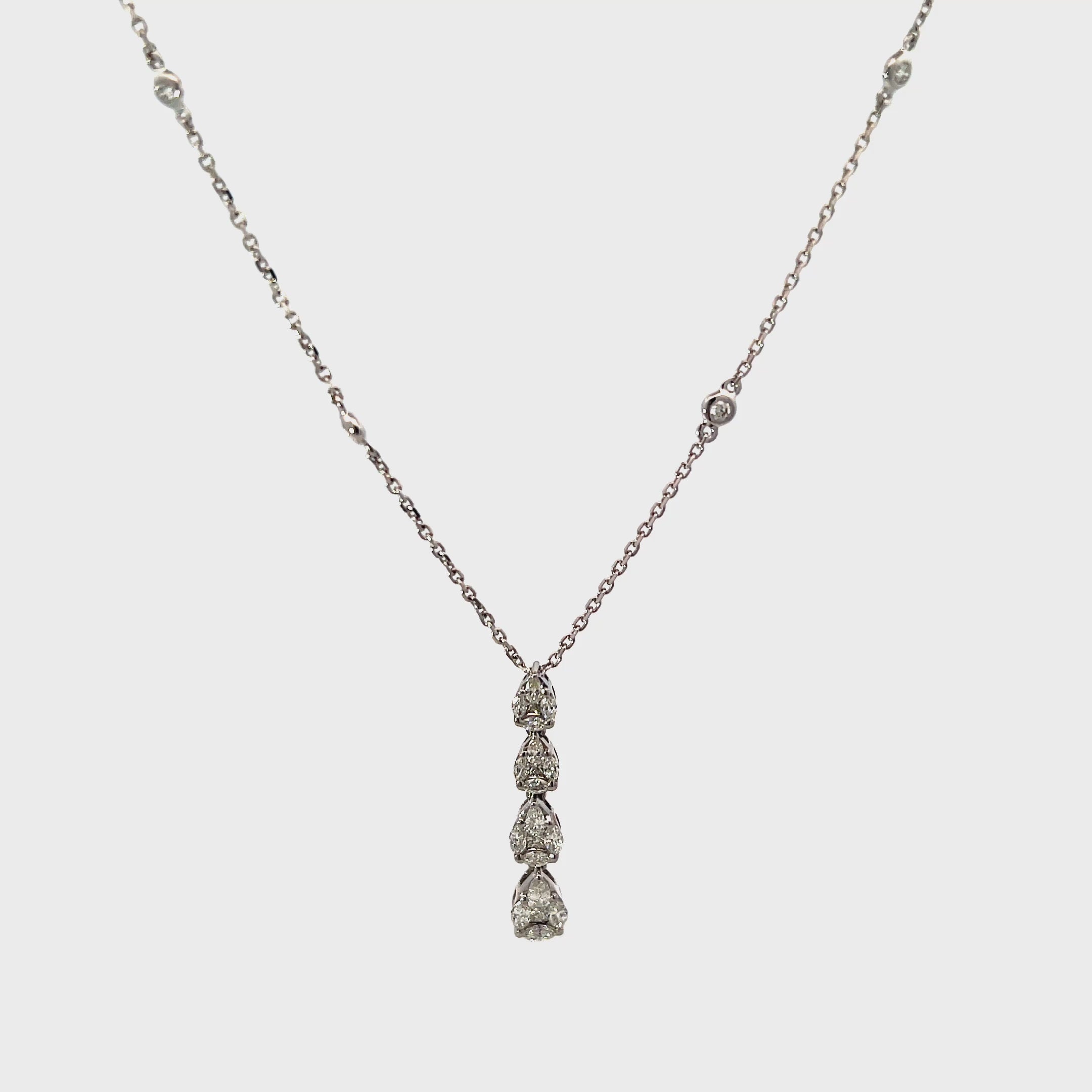 14K White Gold Tiered Diamond Teardrop Pendant Necklace