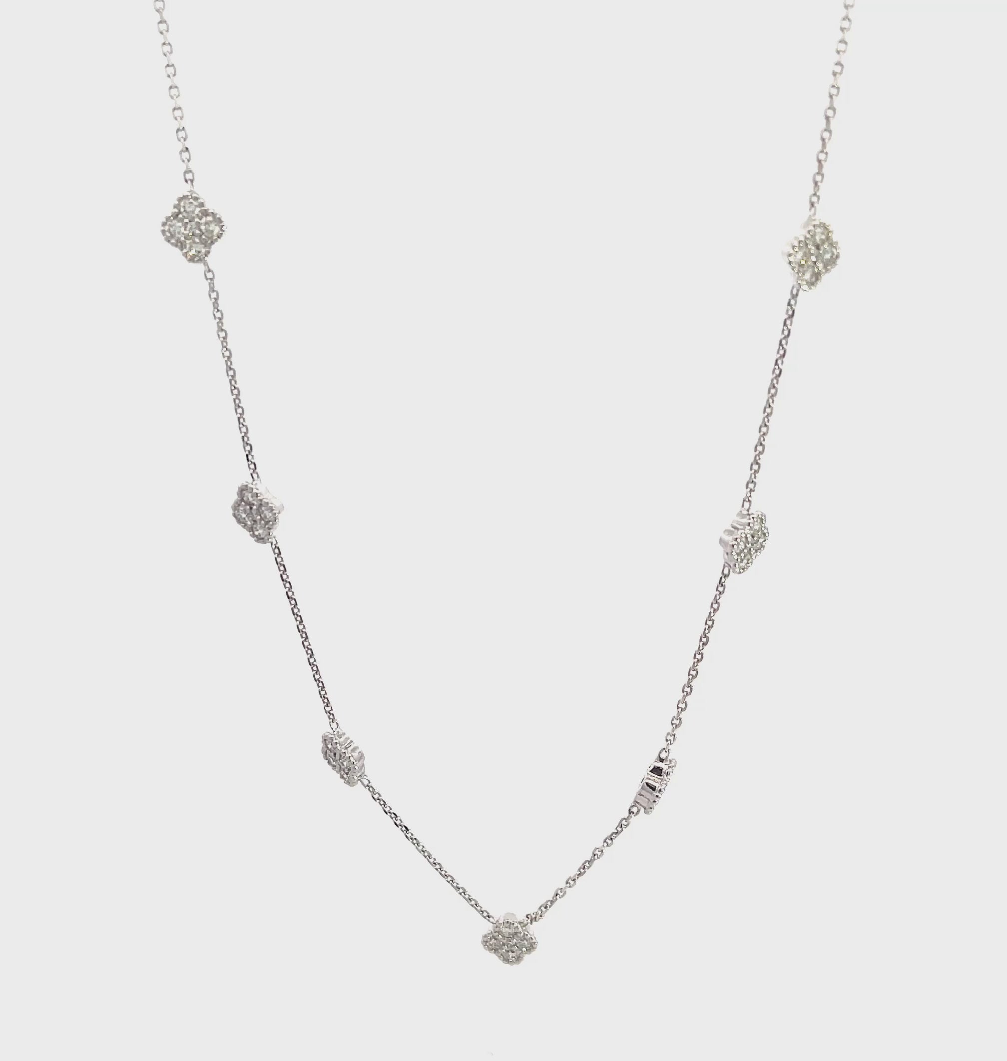 14K White Gold Chain Necklace with 7 Diamond Clover Clusters