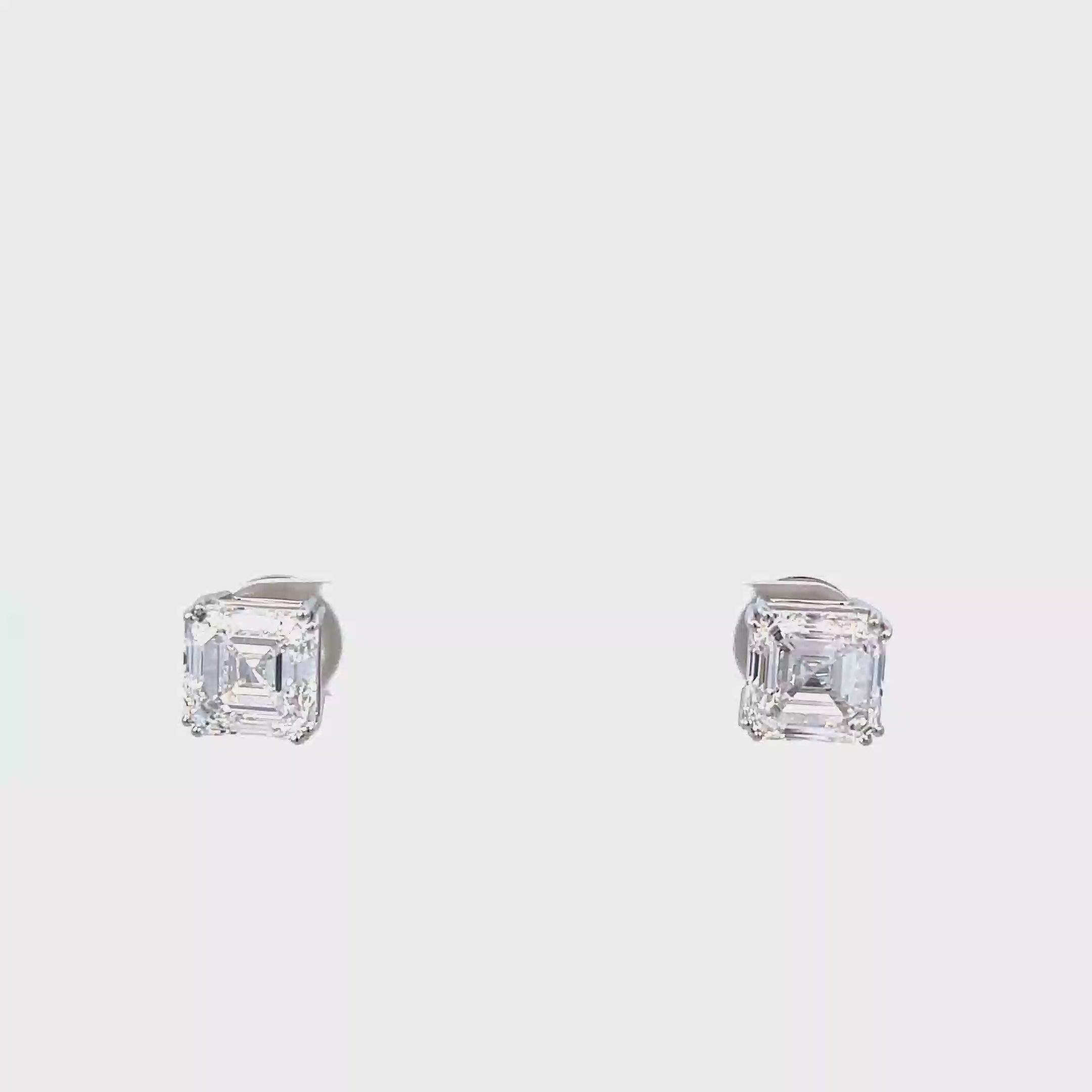 14K White Gold Square Emerald Cut Lab Grown Diamond Stud Earrings with Double prong Basket style setting White Halo