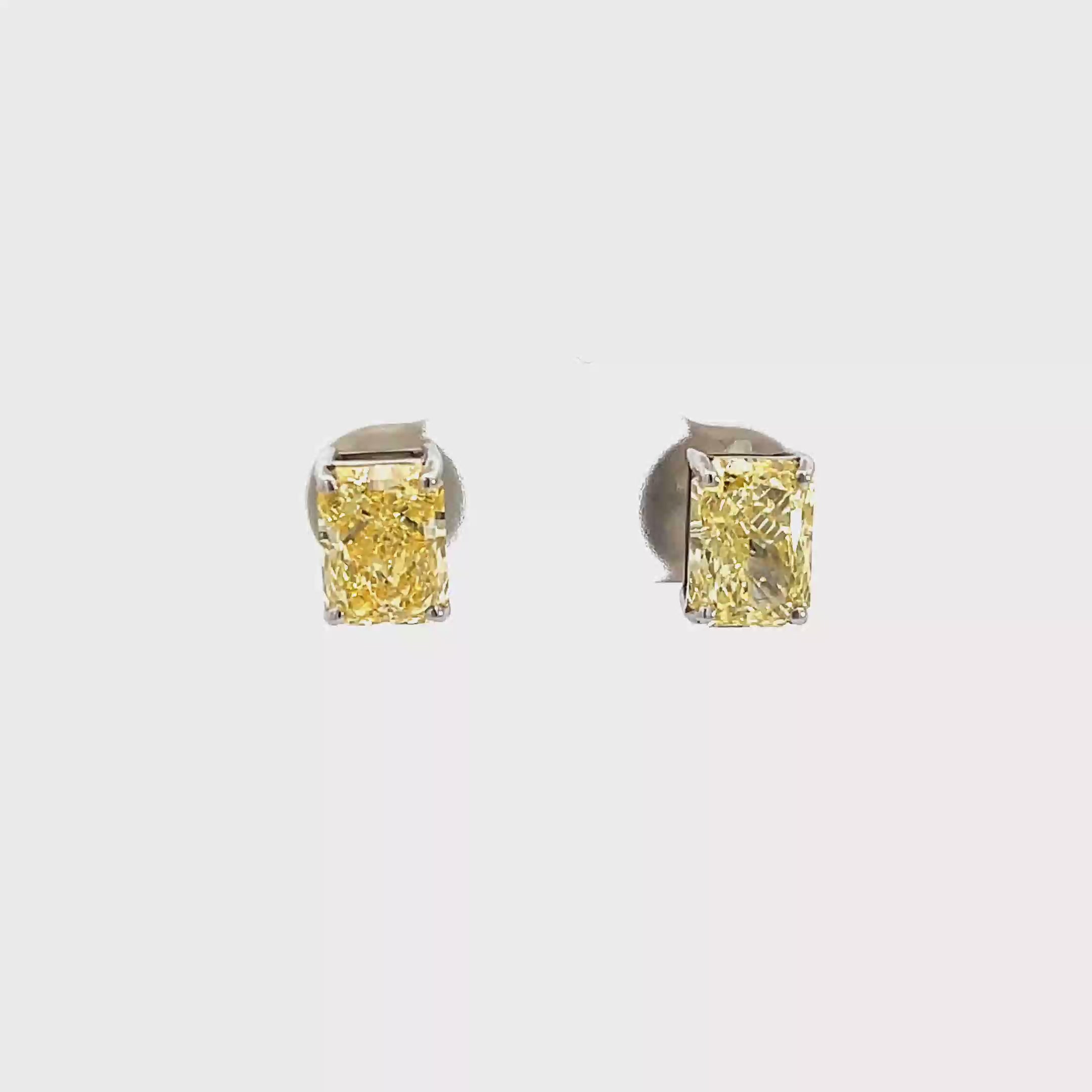 18K White Gold Fancy Yellow, Cornered Rectangular Cut, Lab Grown Diamond, Stud Earrings White Halo