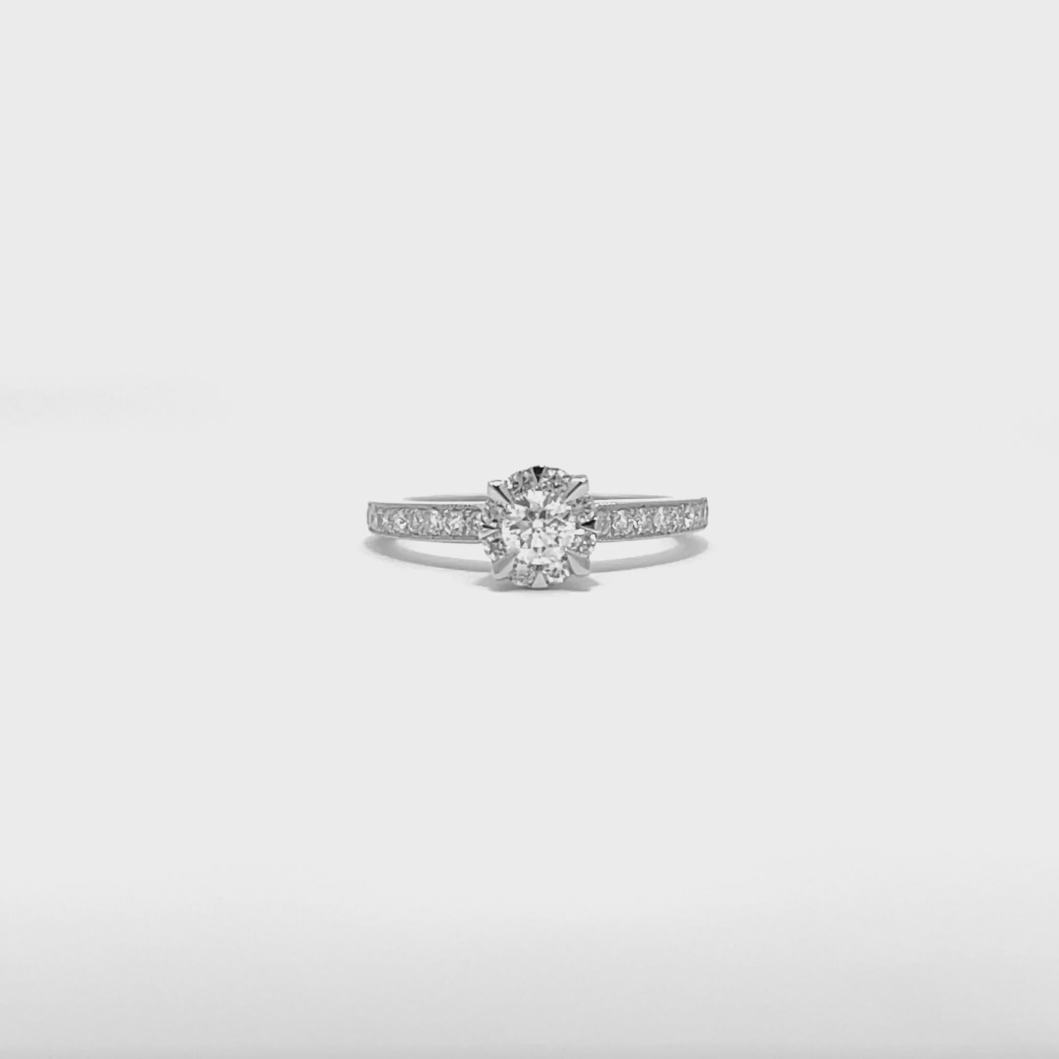 14K White Gold Claw Prong Milgrain Engagement Ring with Pave-Set Side Stones