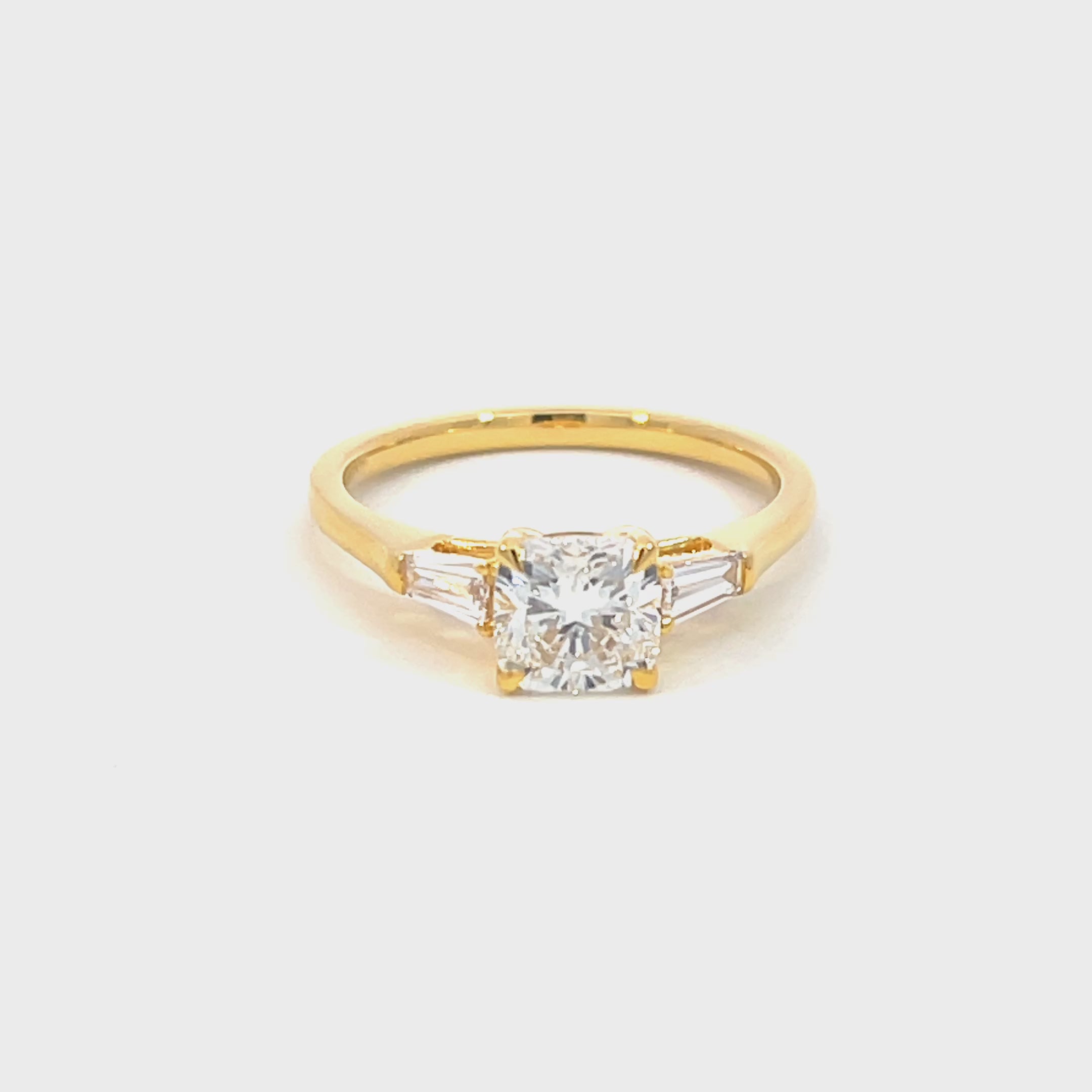 14K Yellow Gold Lab Grown Diamond Ring with Cushion Cut Center Stone and Tapered Baguette Side Stones
