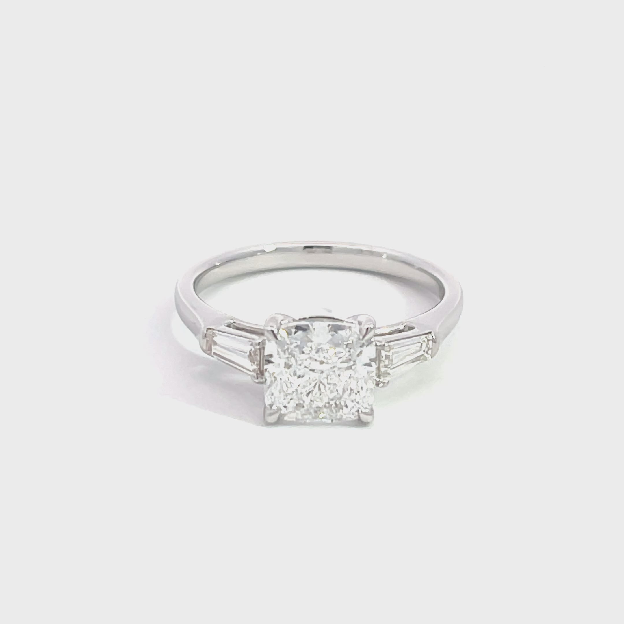 14K White Gold Lab Grown Diamond Ring with Cushion Cut Center Stone and Tapered Baguette Side Stones
