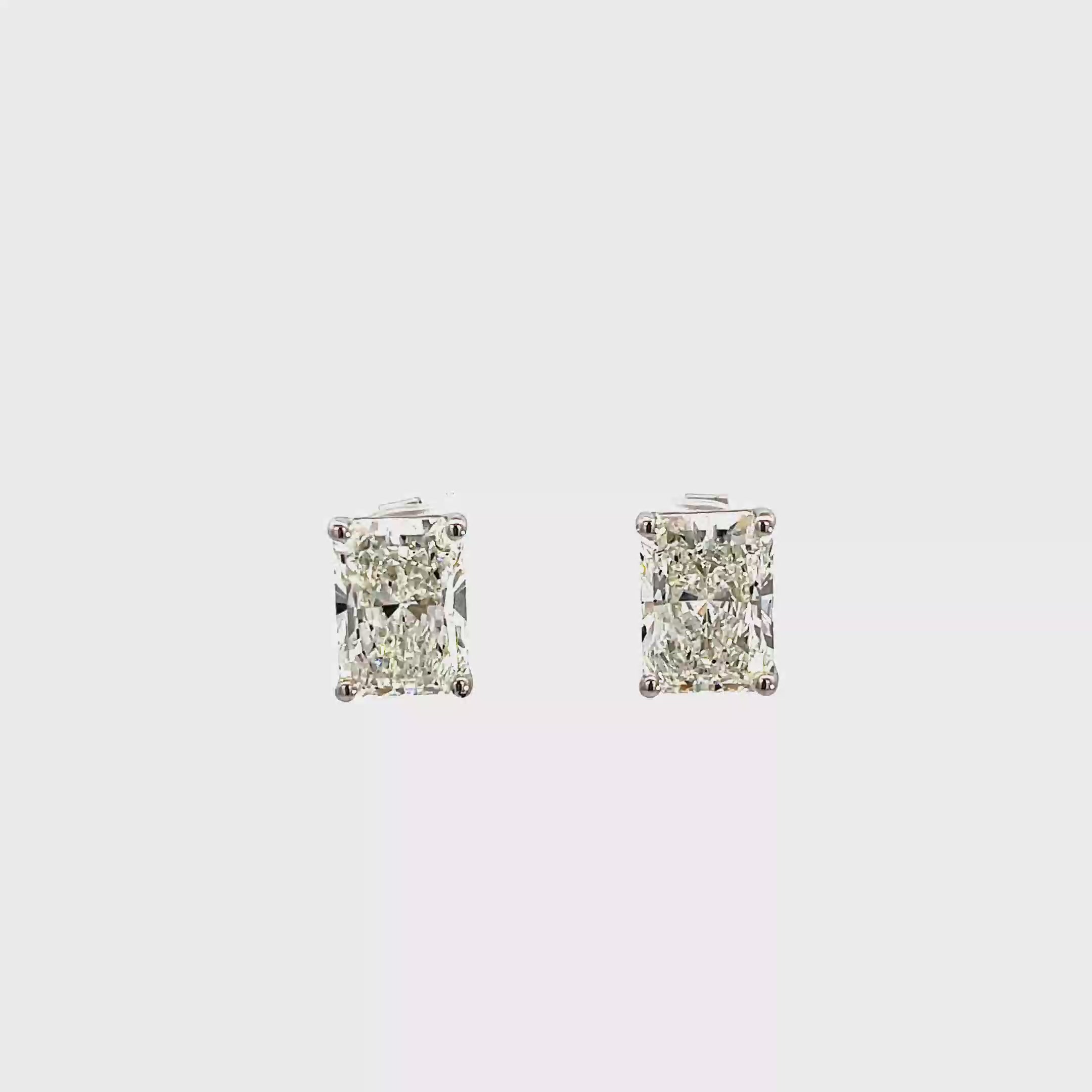 18K White Gold Cornered Rectangular Cut Lab Grown Diamond Stud Earrings with Curved Basket style setting White Halo