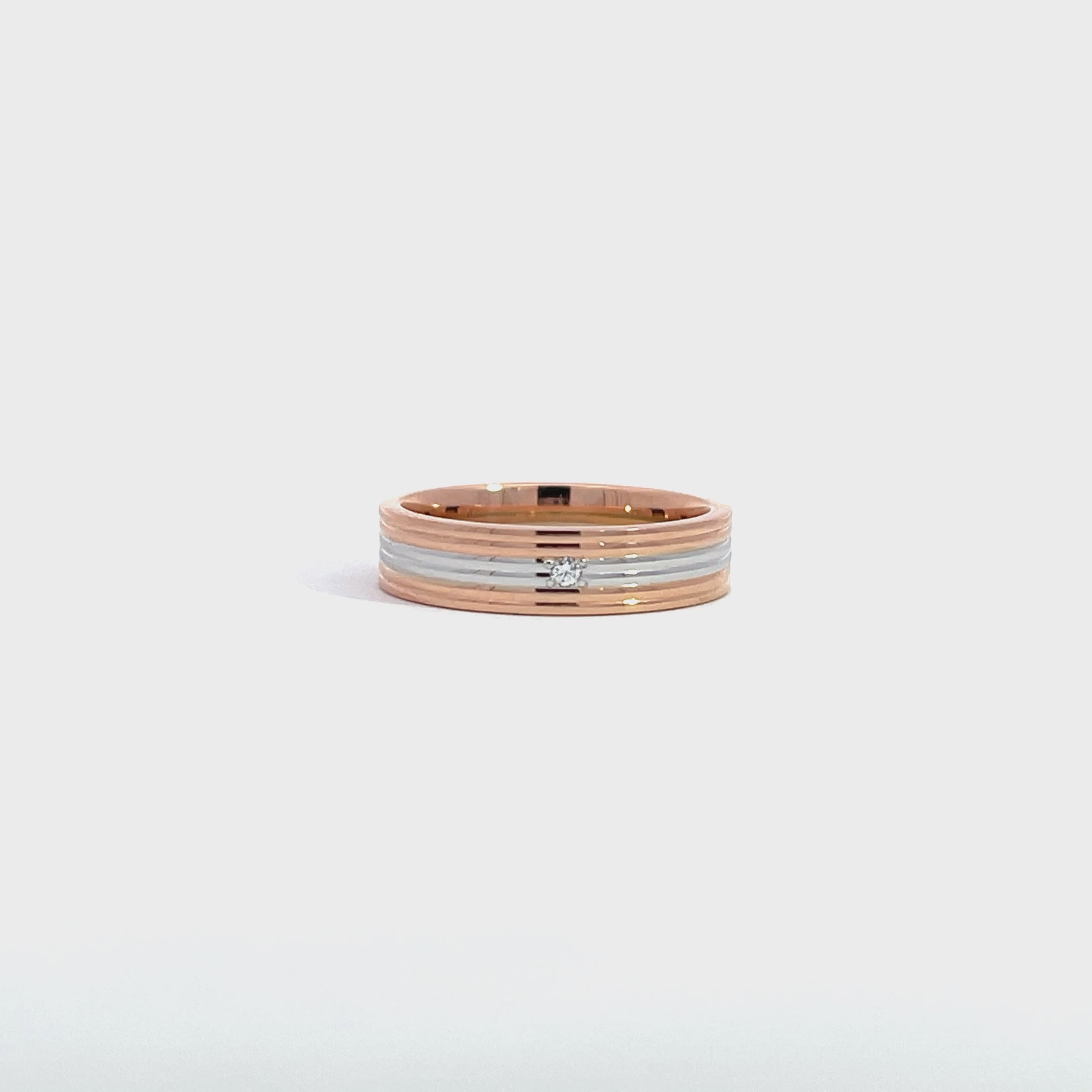 14K White Rose Gold Ribbed Wedding Band with 1 Diamond