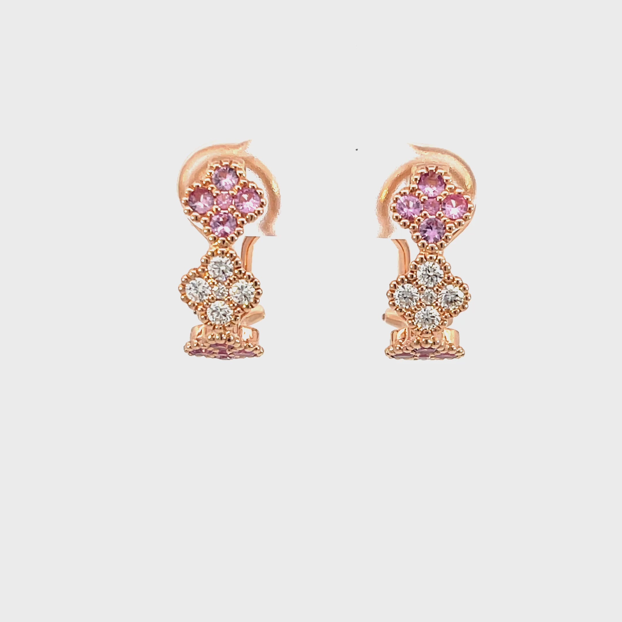 14k Clover Style Rose Gold Latch Back Earrings with 20 Pink Sapphires and 10 Diamonds