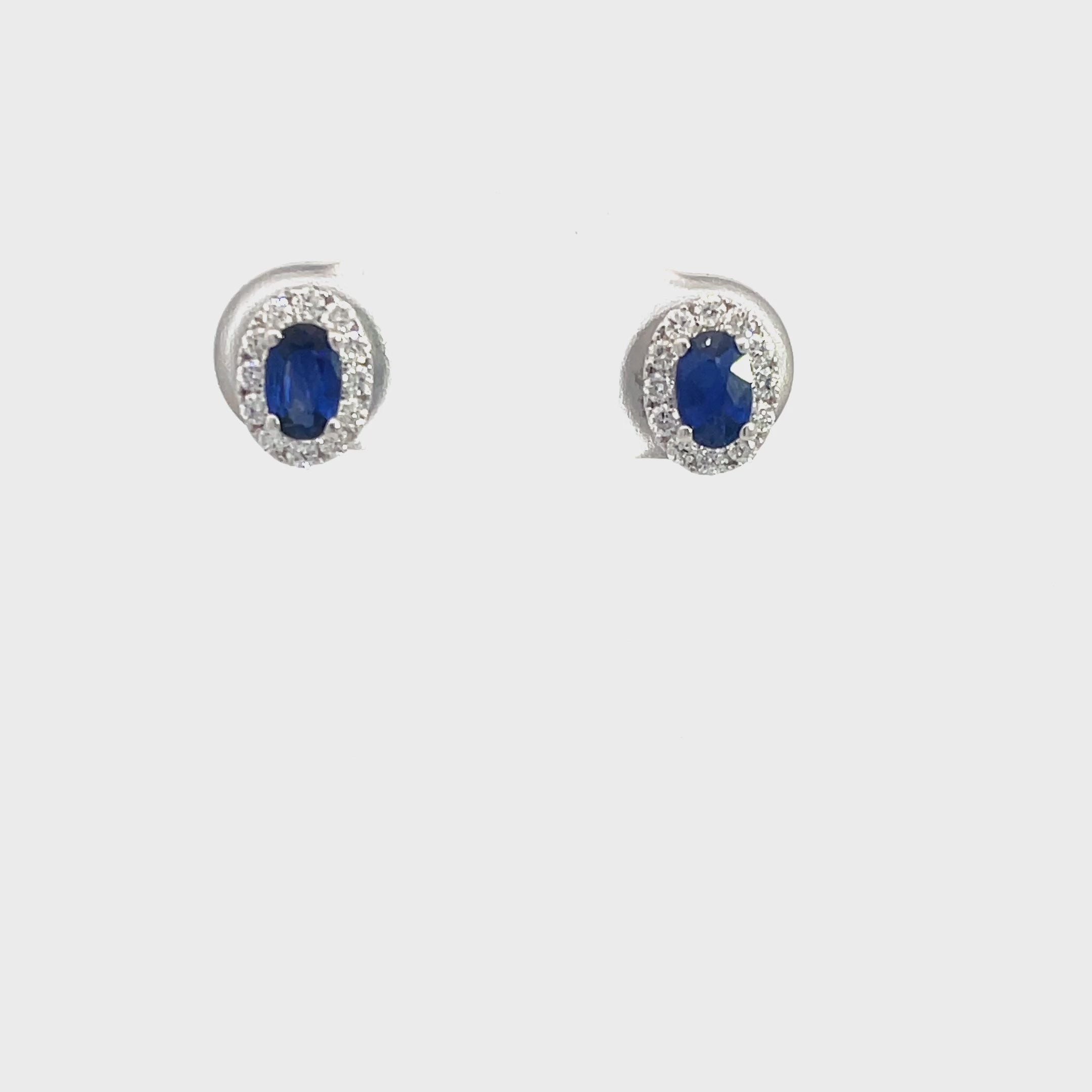 14K White Gold Oval Sapphire and Diamond Halo Stud Earrings