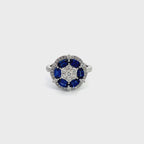 14K White Gold Sapphire and Diamond Floral Ring with Pave Side Stones