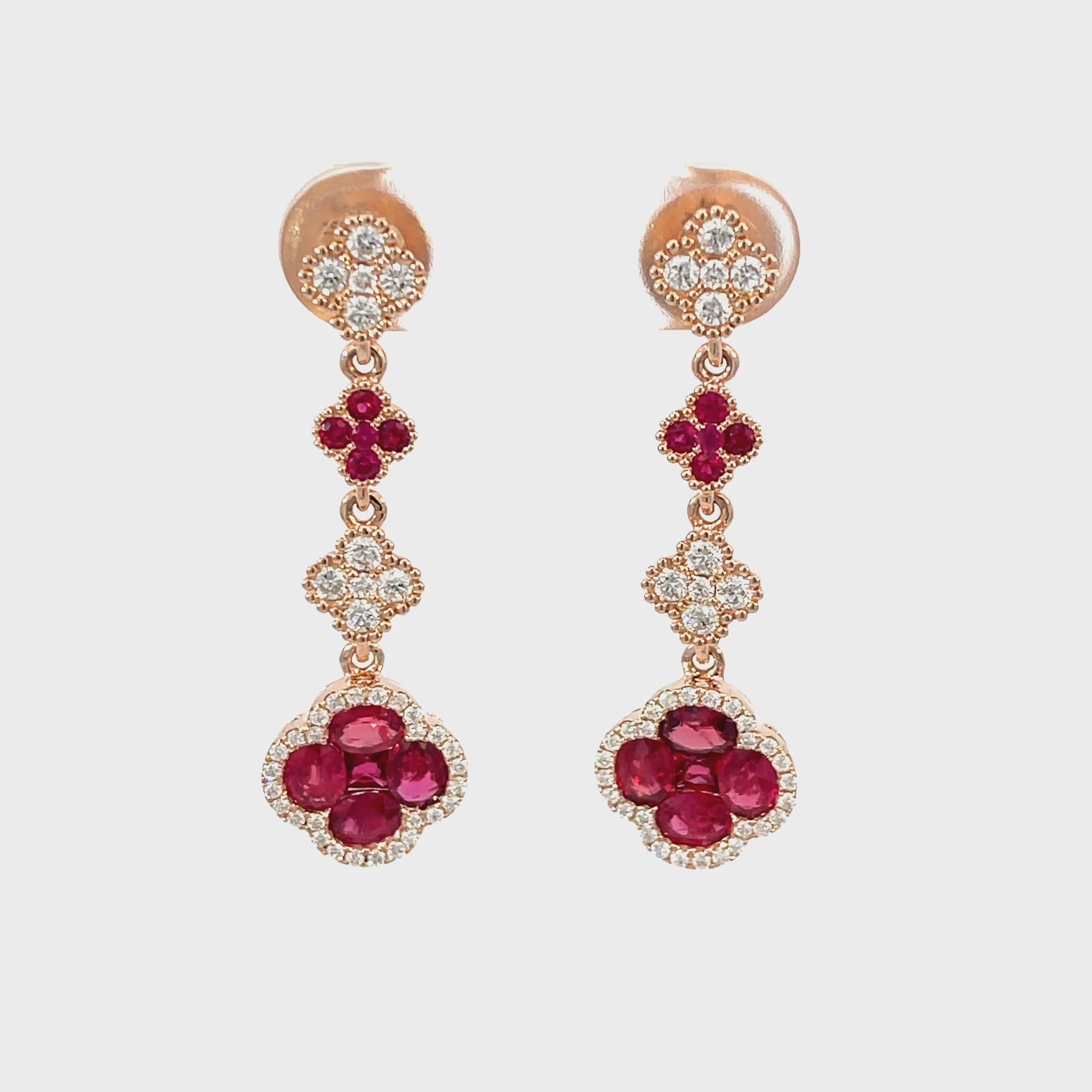 14K Rose Gold Tiered Diamond and Ruby Clover Drop Earrings