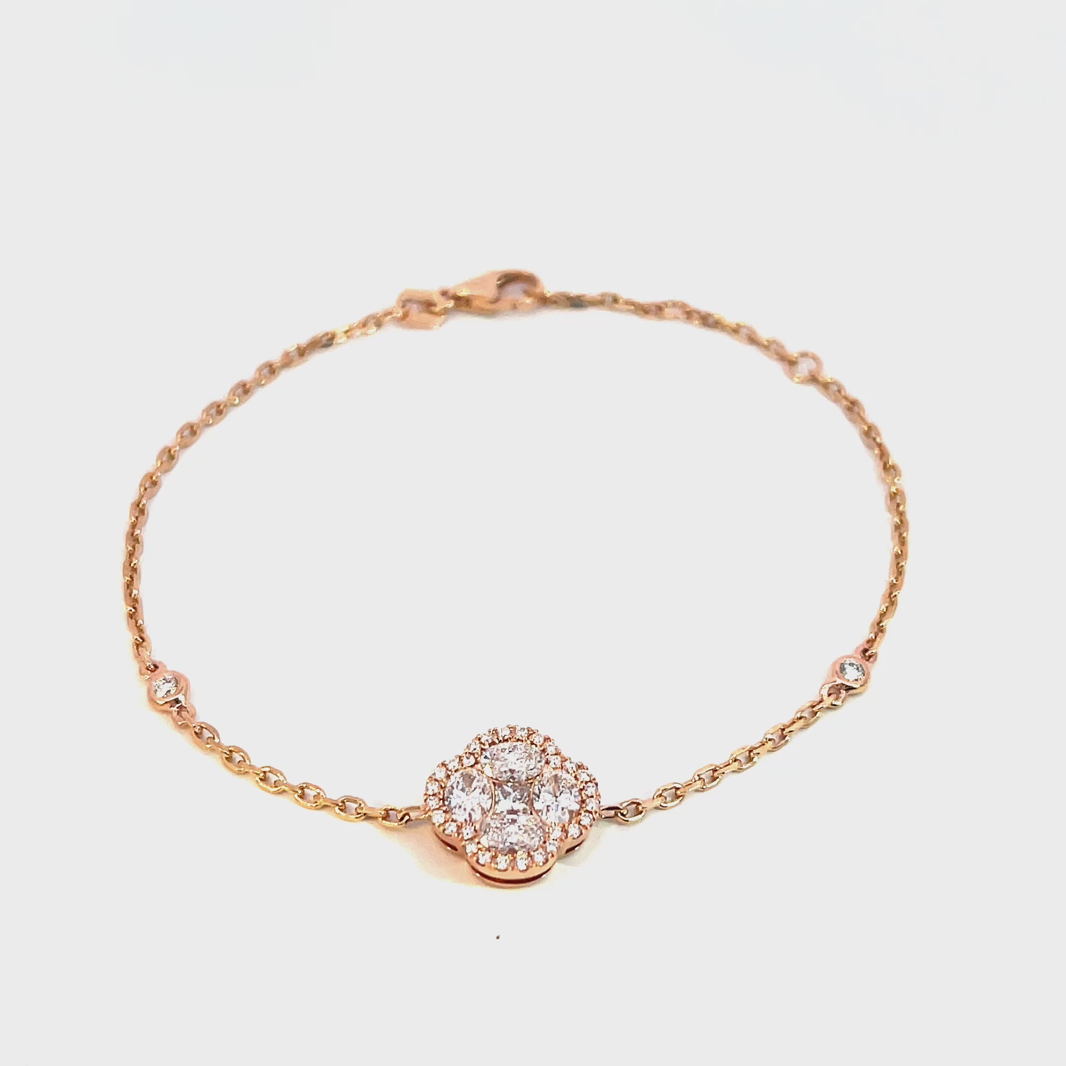 14K Rose Gold Chain Bracelet with Diamond Halo Clover Cluster and Bezel Set Diamonds
