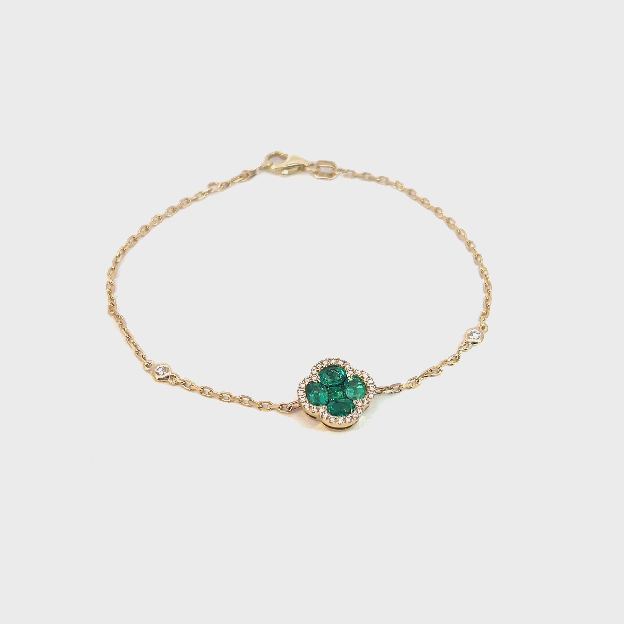 14K Yellow Gold Chain Bracelet with Emerald and Diamond Halo Clover Cluster and Bezel Set Diamonds