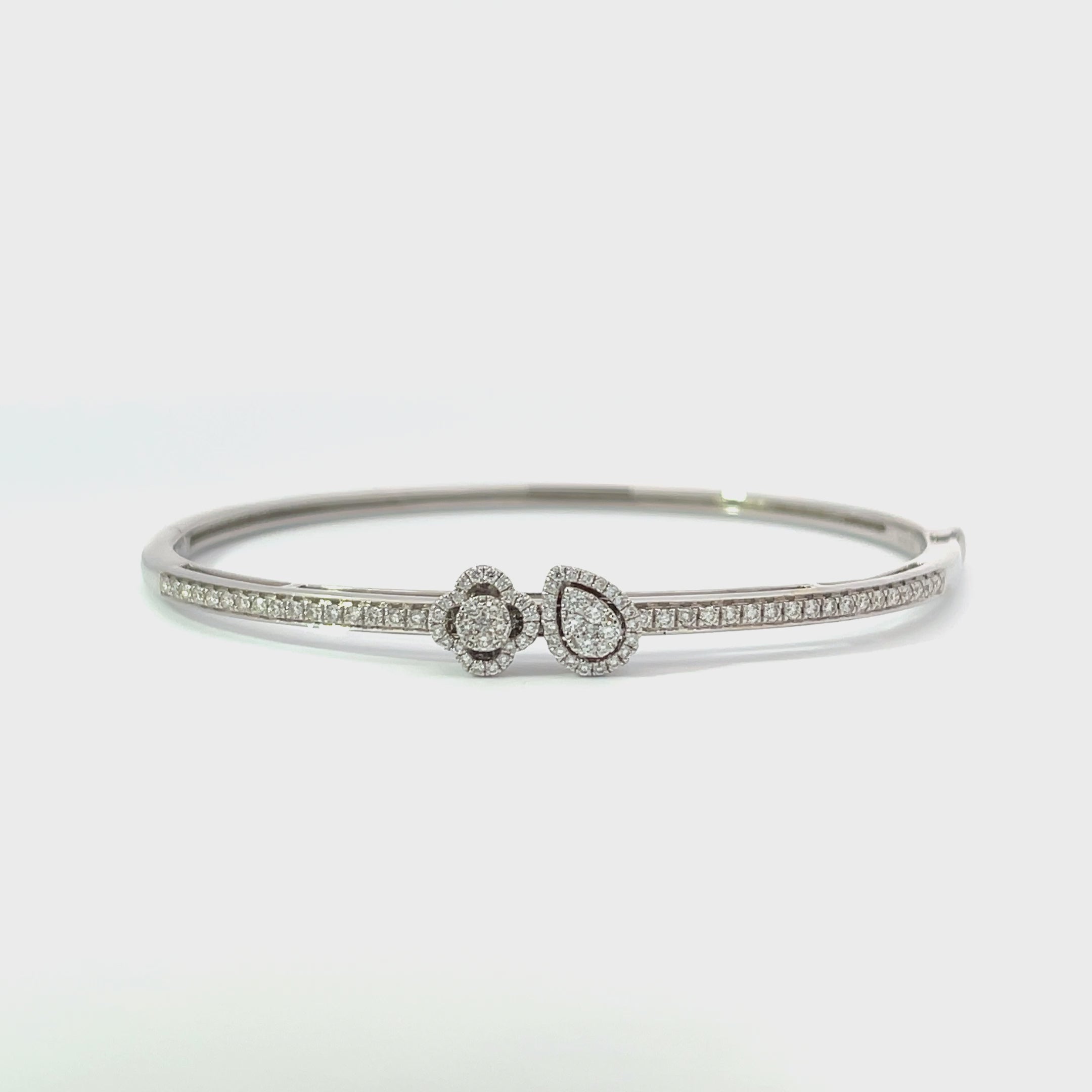 14K White Gold Flower and Teardrop Slide Bangle Bracelet with 96 Diamonds