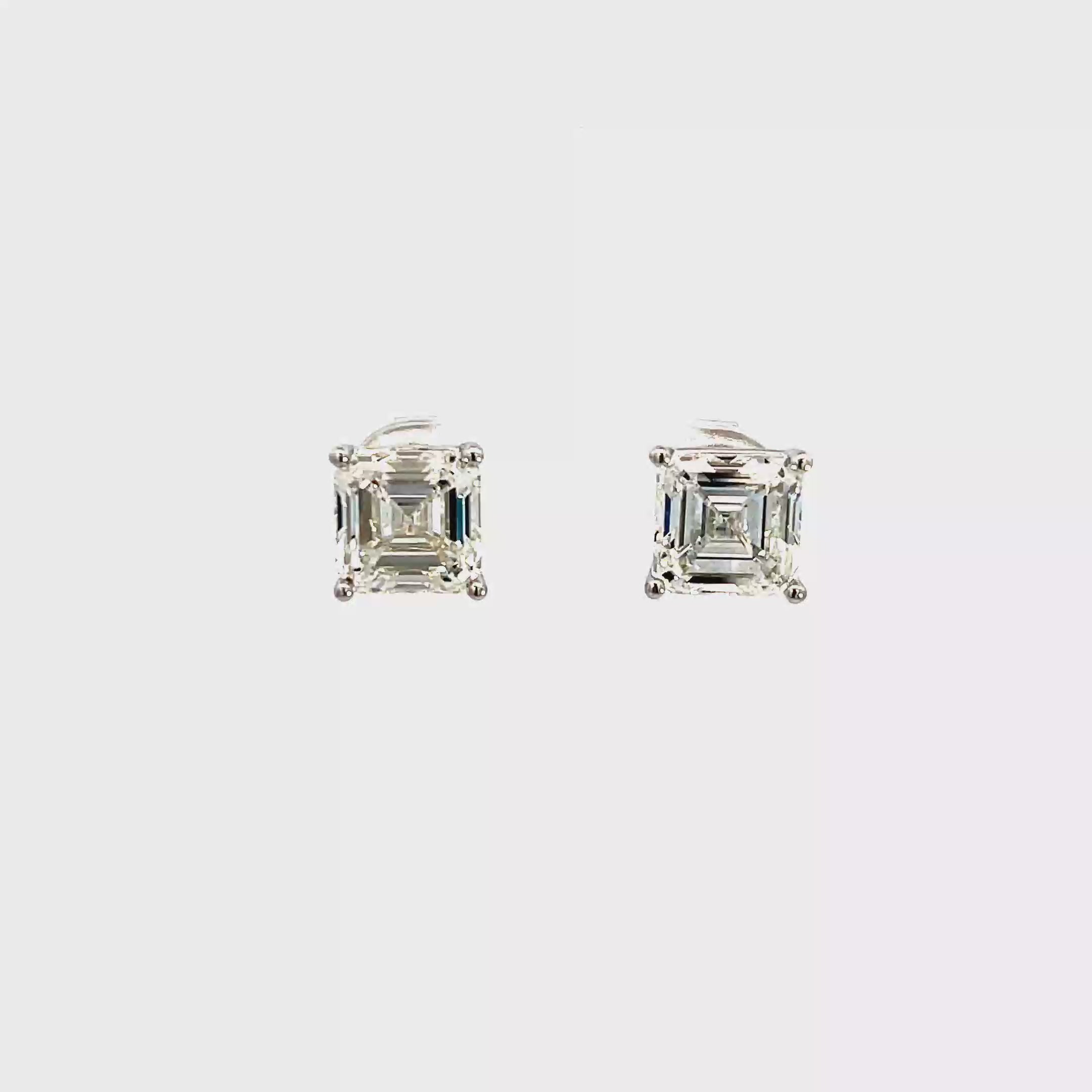 18K White Gold Square Emerald Cut Lab Grown Diamond Stud Earrings with Curved prong Basket style setting White Halo