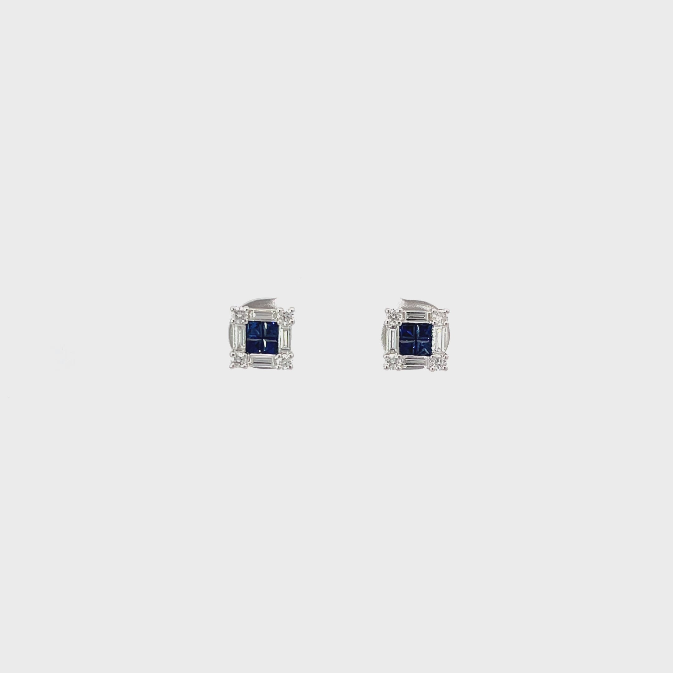 14K White Gold Sapphire and Diamond Square Illusion Stud Earrings