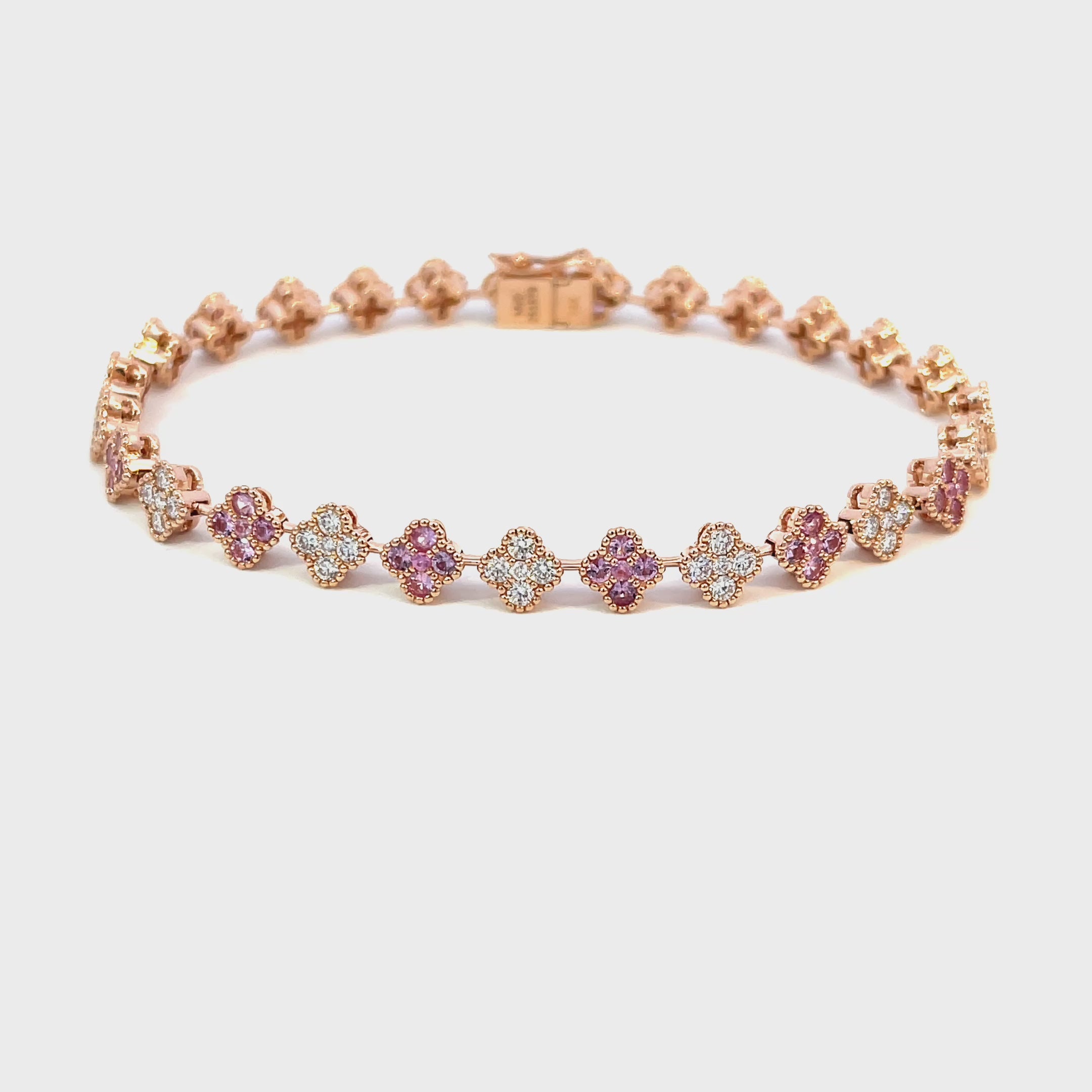 14K Rose Gold Diamond and Pink Sapphire Clover Cluster Tennis Bracelet