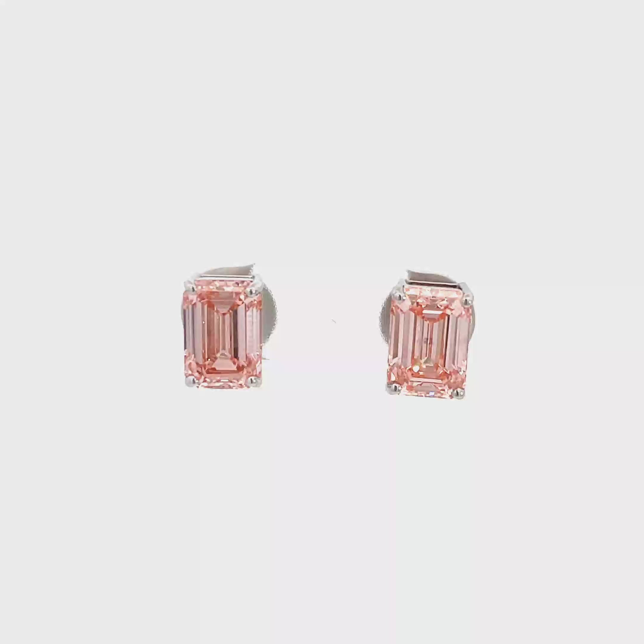 18K White Gold Fancy Pink, Emerald Cut, Lab Grown Diamond, Stud Earrings White Halo
