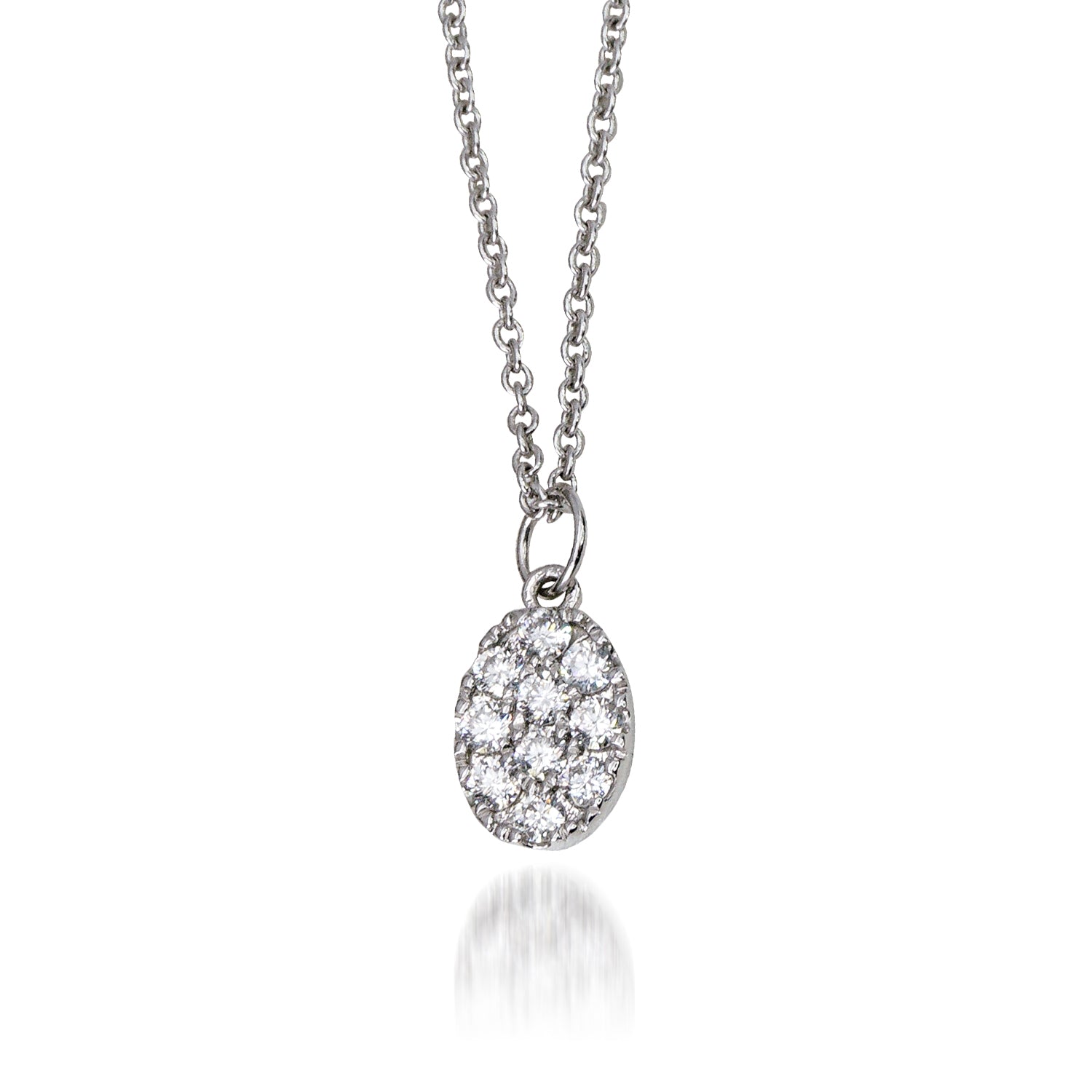 14K White Gold Oval Pendant Necklace with 11 Diamonds